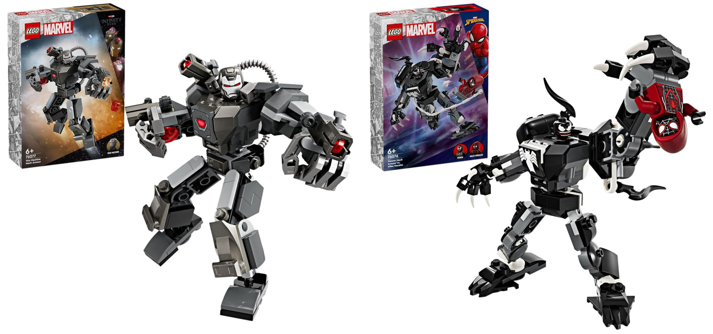 LEGO Marvel War Machine Mech, buildable superhero toy with 3 shooters & Marvel Venom Mech vs. Miles Morales, poseable action figures for kids.