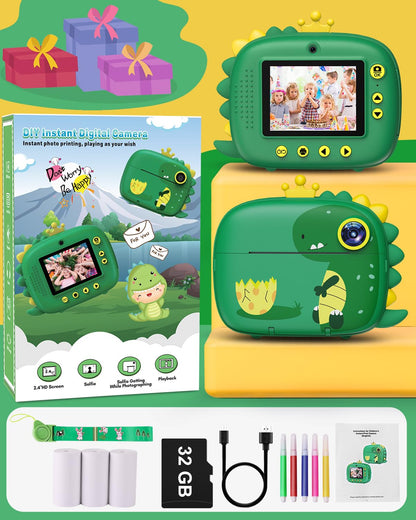 Children's camera instant camera, Hangrui instant camera for children, 1080P 2.4 inch screen camera kids instant print with 32G card, 3 rolls printing paper, 5 colored pens gift for children 3-12 years.