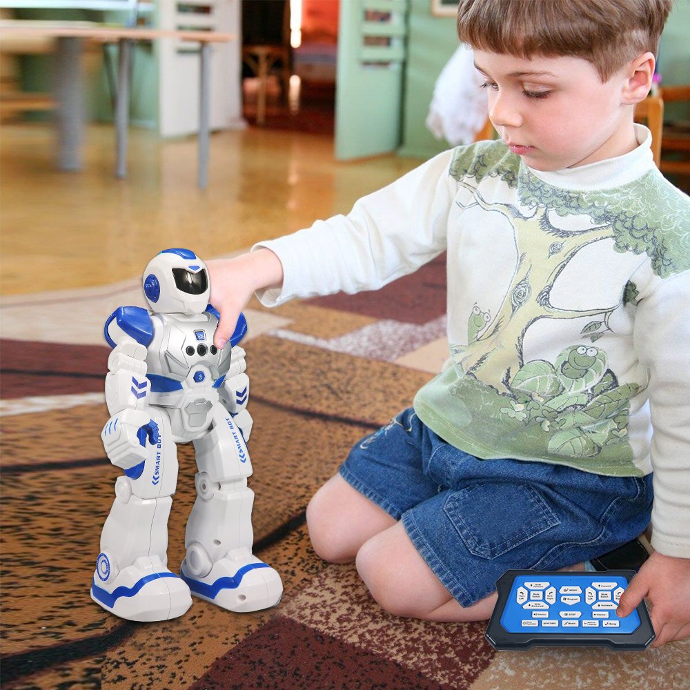 HUSAN Remote Control Robot for Kids, intelligent programmable robot with Infrared Controller toy, Dancing, Singing, Moonwalking, and LED eyes, Gesture Recognition Robot Kit (Blue)