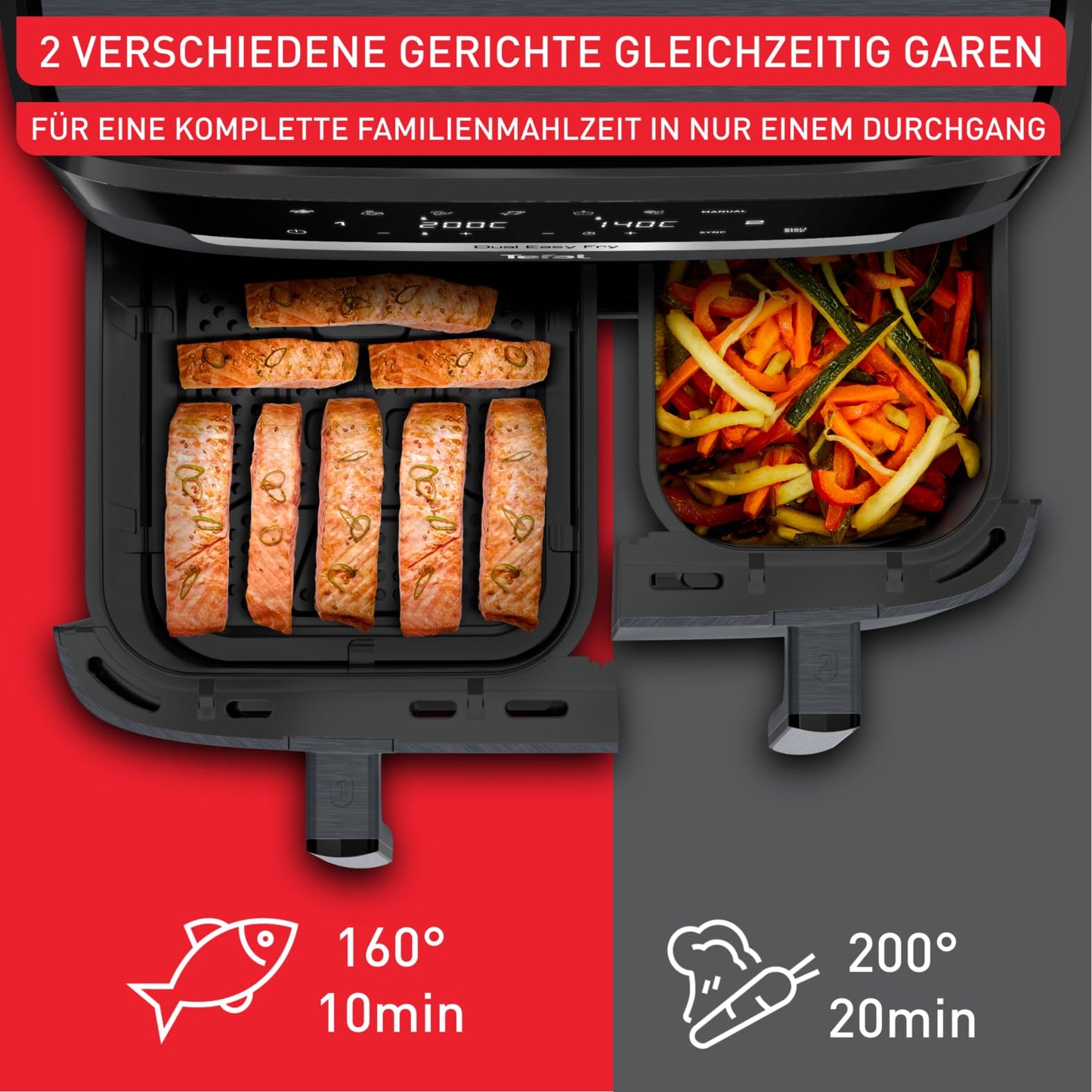 Tefal Dual Easy Fry XXL double-chamber hot air fryer, 11 liter capacity, 6.5L drawer and 4.5L drawer, no additional oil needed, 7 programs, dishwasher safe, grey, EY942BE0