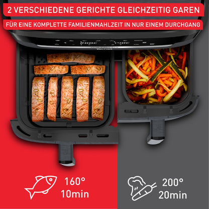 Tefal Dual Easy Fry XXL double-chamber hot air fryer, 11 liter capacity, 6.5L drawer and 4.5L drawer, no additional oil needed, 7 programs, dishwasher safe, grey, EY942BE0