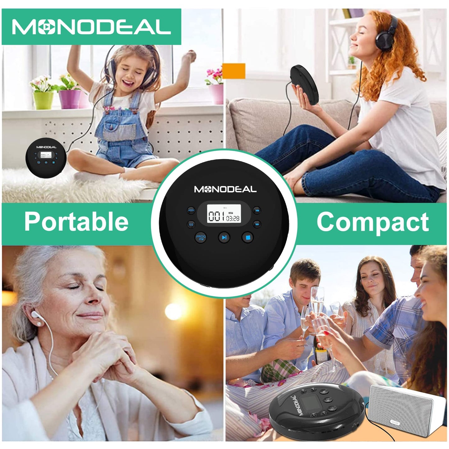 MONODEAL portable CD Player, rechargeable with headphones, Discman with LCD display, USB charging cable, AUX cable. Perfect for car, kids, students, adults.