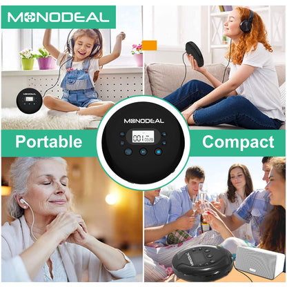 MONODEAL portable CD Player, rechargeable with headphones, Discman with LCD display, USB charging cable, AUX cable. Perfect for car, kids, students, adults.