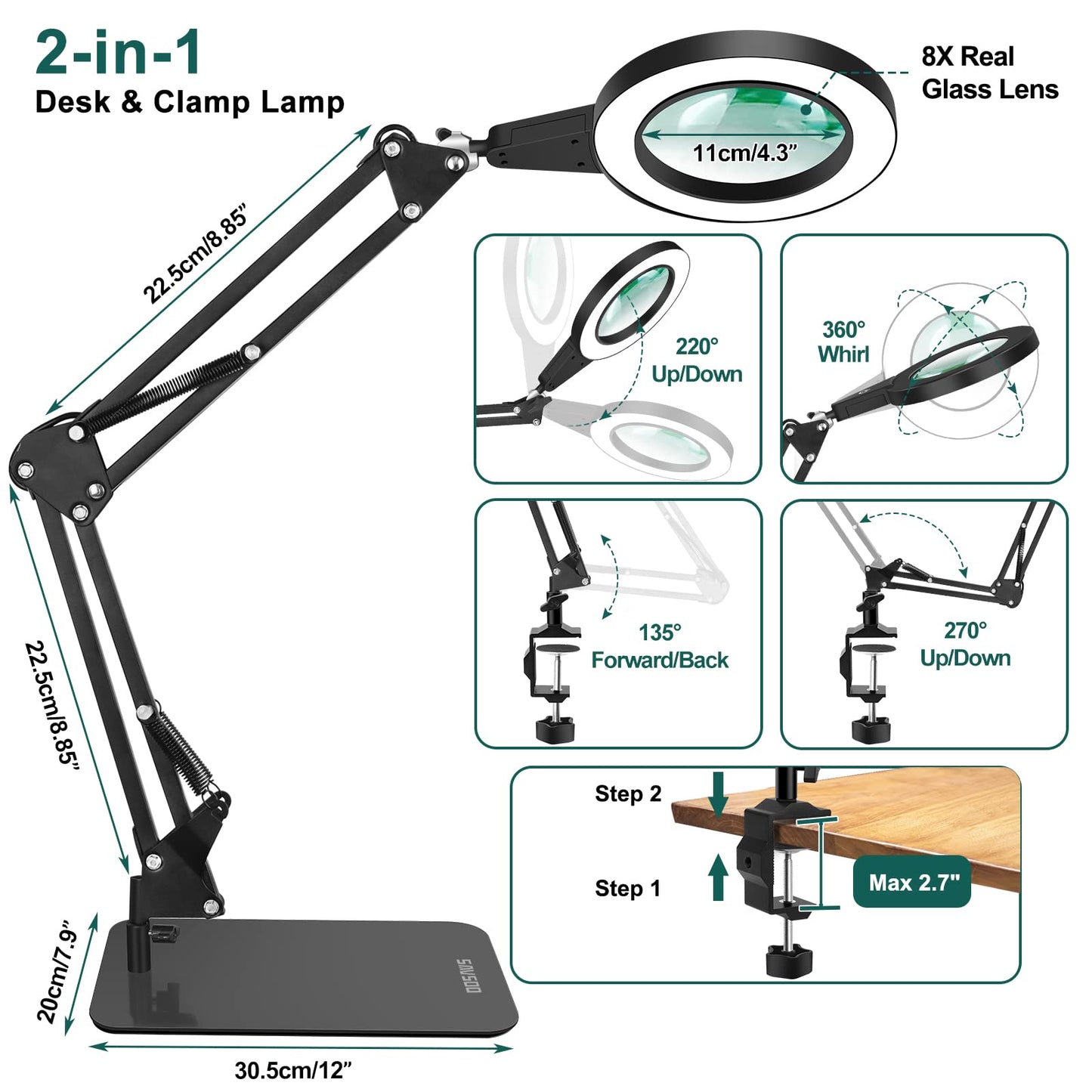 SAVSOO 20 Diopter Magnifying Glass with Light and Stand, Touch Control, 2-in-1 LED Magnifier Lamp, Desk Lamp with Large Base and Clamp, 3 Color Modes Dimmable, Magnifying Lamp for Hobbies Crafting, Black
