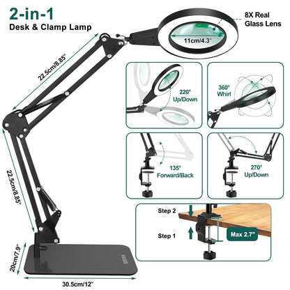 SAVSOO 20 Diopter Magnifying Glass with Light and Stand, Touch Control, 2-in-1 LED Magnifier Lamp, Desk Lamp with Large Base and Clamp, 3 Color Modes Dimmable, Magnifying Lamp for Hobbies Crafting, Black