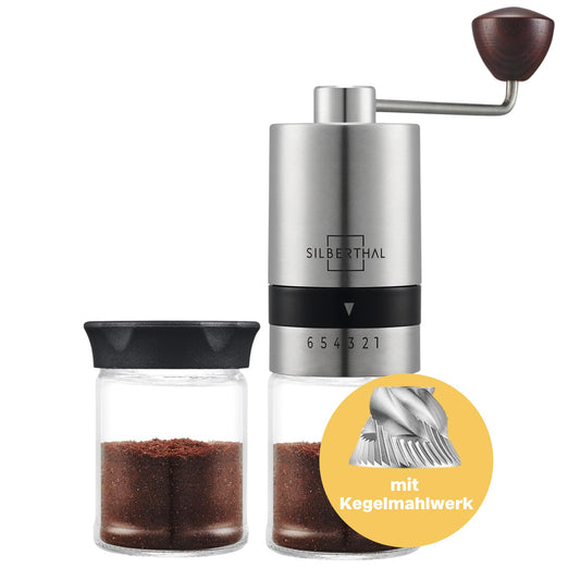 SILBERTHAL Manual Coffee Grinder with Stainless Steel Conical Burr - Stepless precise grind settings - Stainless steel and glass hand mill - Ideal for on the go, camping, vacation.