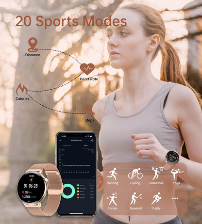 Iaret Smartwatch for women with phone function, 1.32 inch HD touchscreen fitness watch with menstrual cycle tracking, heart rate monitor, SpO2, 20 sports modes, waterproof sports wristwatch for Android iOS, rose gold.