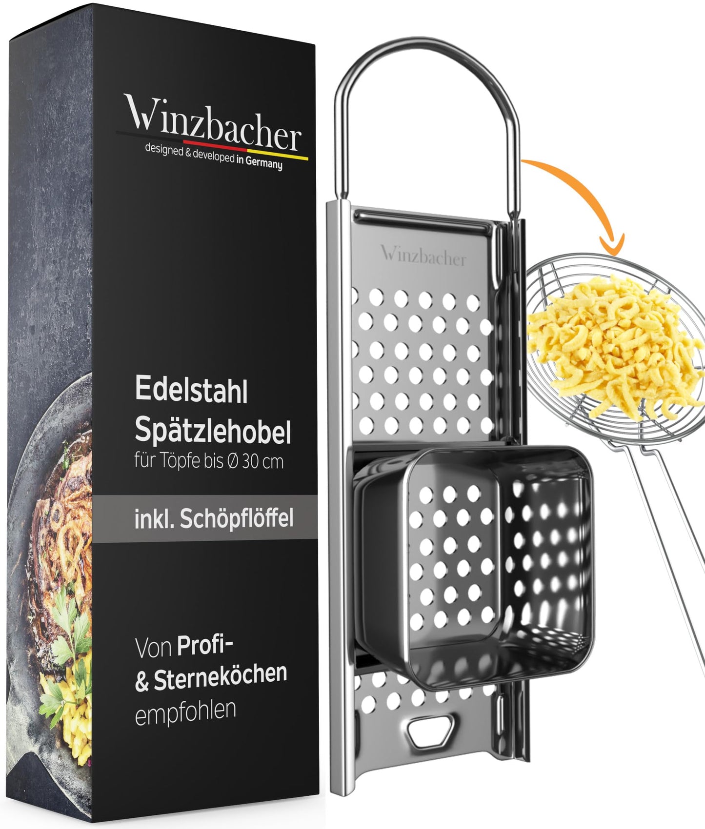 Winzbacher stainless steel spaetzle maker + ladle [pot Ø of 16-30cm] dishwasher safe | rustproof | spaetzle grater, spaetzle sieve, spaetzle press | for spaetzle & dumplings.