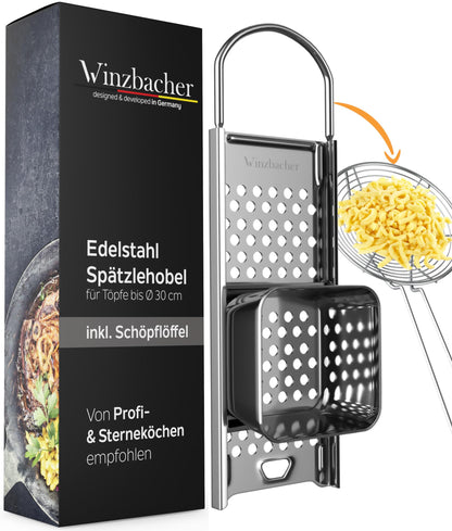Winzbacher stainless steel spaetzle maker + ladle [pot Ø of 16-30cm] dishwasher safe | rustproof | spaetzle grater, spaetzle sieve, spaetzle press | for spaetzle & dumplings.