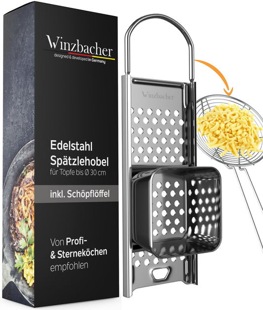 Winzbacher stainless steel spaetzle maker + ladle [pot Ø of 16-30cm] dishwasher safe | rustproof | spaetzle grater, spaetzle sieve, spaetzle press | for spaetzle & dumplings.