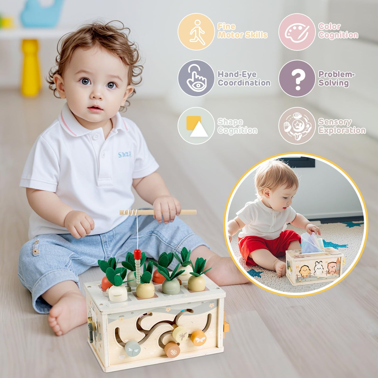 Vanplay Montessori toy for babies 12 months, 6 in 1 fabric box baby toy for 1 year olds, wooden motor skills toy for 1 2 3 year old girls and boys, gift for 1 year old child.