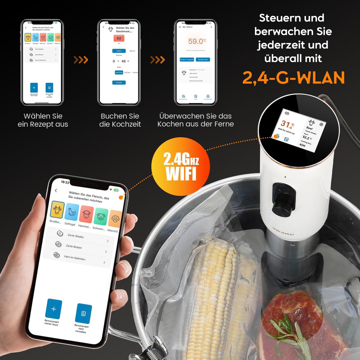 Sous Vide ISV-101W, INKBIRD WiFi Sous Vide Stick Precision Cooker, 1000W, temperature setting up to 90°C, immersion circulator 360° circulation with app preset menus, for the kitchen.