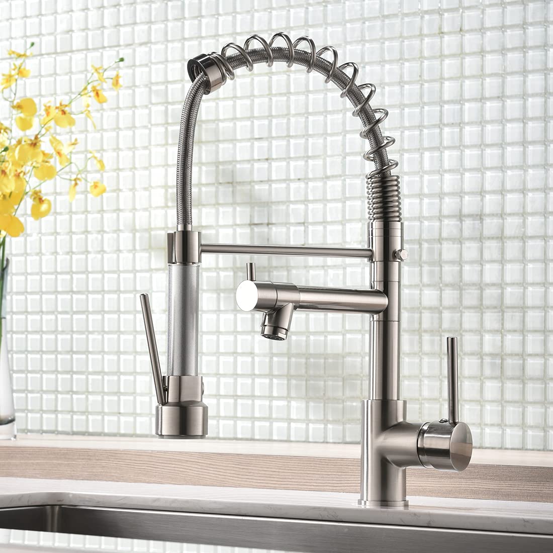 AIMADI Kitchen Faucet with Sprayer 360° Swivel Mixer Tap Pull Down Spring Kitchen Sink Faucet Brushed Nickel Spiral Spring Faucet