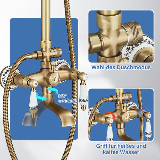 Suguword Vintage Brass Shower System with Ceramic Handles Tub Spout Brass Shower Faucet Shower Set Shower System Rain Shower Set with Shower Head Handheld Shower Head Anti-Limescale Shower Set