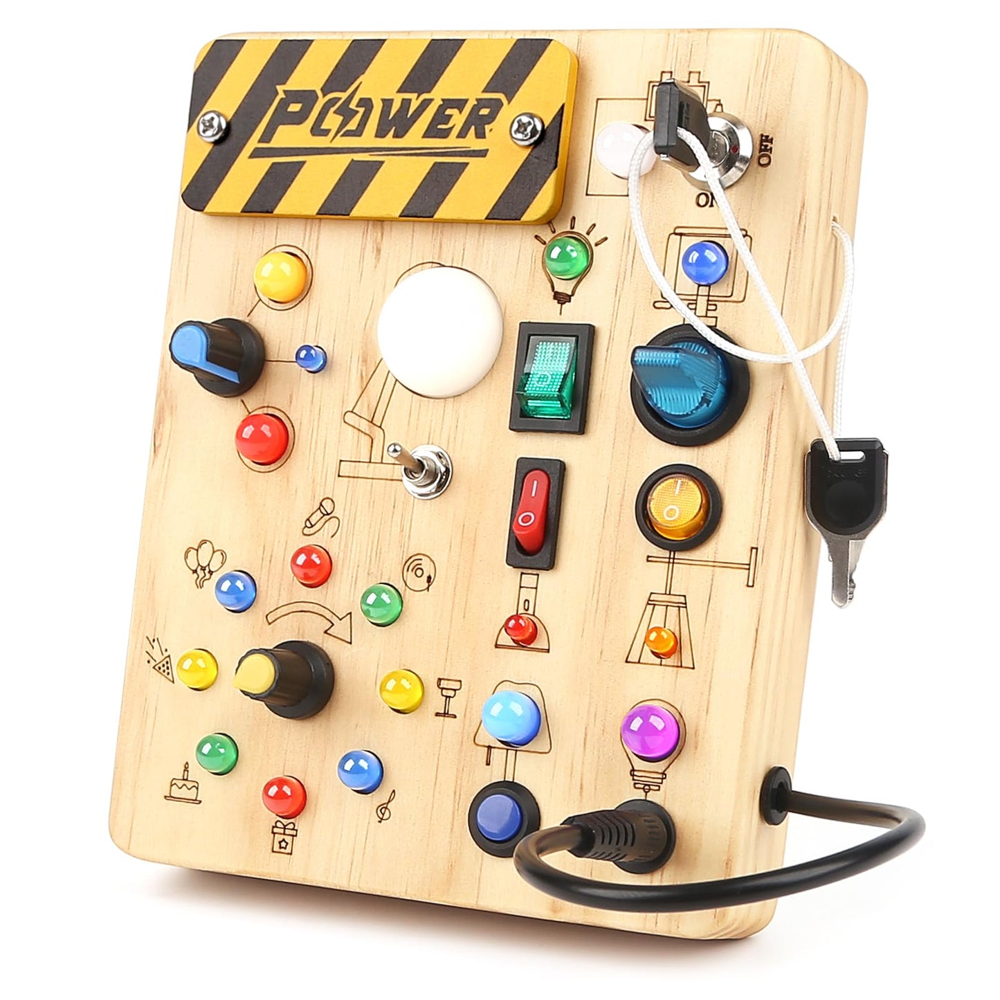 Baby Montessori Busy Board for 2 years and up, motor skills toy with 19 LEDs, activity board wooden toy educational sensory toy, gift for boys and girls aged 2, 3, 4 years.