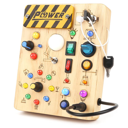 Baby Montessori Busy Board for 2 years and up, motor skills toy with 19 LEDs, activity board wooden toy educational sensory toy, gift for boys and girls aged 2, 3, 4 years.