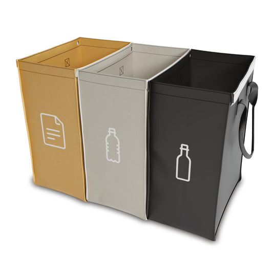 Quickfresh - Waste separation system 3-piece set - Collection containers for recycling glass, paper, plastic & deposits - Space-saving waste separation system for kitchen & household (Symbols only)