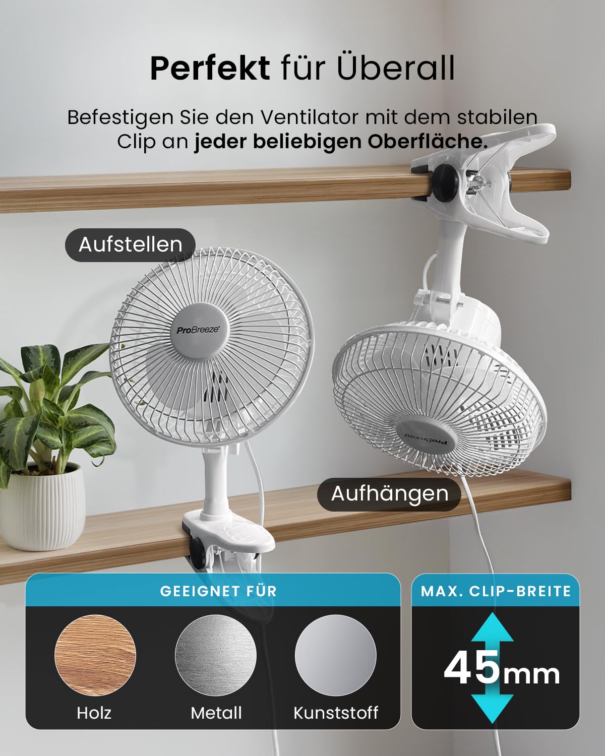 Pro Breeze Mini Fan with Clip, 20 cm diameter, 2 speed settings, sturdy clip - quiet fan, ideal as a desk fan at the office, for a grow tent, at home in the bedroom