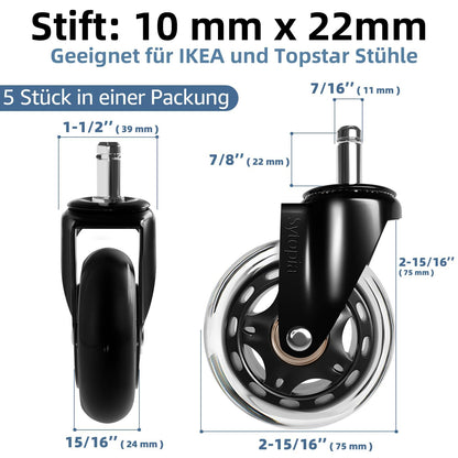 Sytopia office chair casters with 10mm x 22mm stem, set of 5 large casters for office chairs, super quiet and soft hard floor casters, only compatible with IKEA office chairs, matte black, 90mm height
