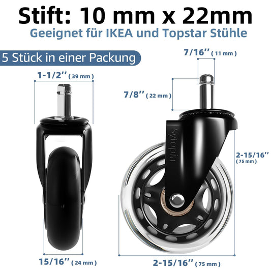 Sytopia office chair casters with 10mm x 22mm stem, set of 5 large casters for office chairs, super quiet and soft hard floor casters, only compatible with IKEA office chairs, matte black, 90mm height