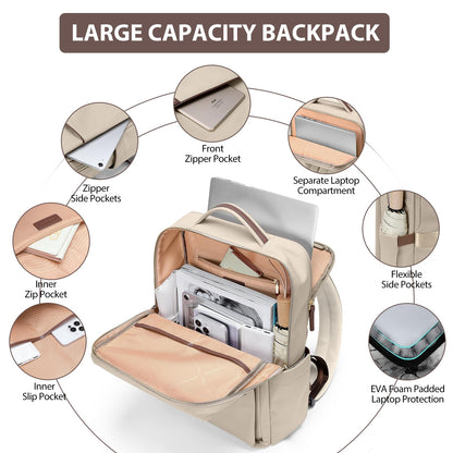 GOLF QUALITY laptop backpack, carry-on backpack 16 inches, backpack for women and men, waterproof business backpack, daypack for school, cycling, leisure, and travel in apricot color.