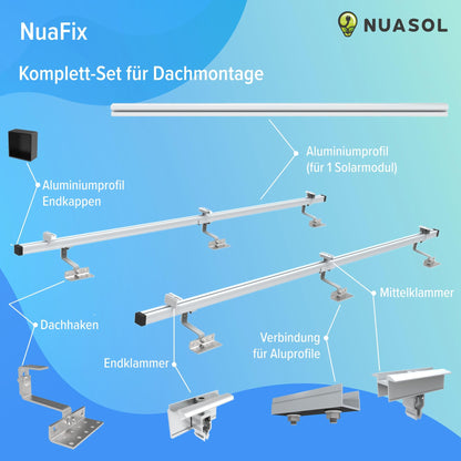 NuaSol PV Photovoltaic 2-set Mounting Kit Tile Roof Mount Rail Roof Hook - incl. Solar Aluminum Profile, End Caps, 35mm End Clamps, up to 115cm Width per Module and 35mm Height, Silver