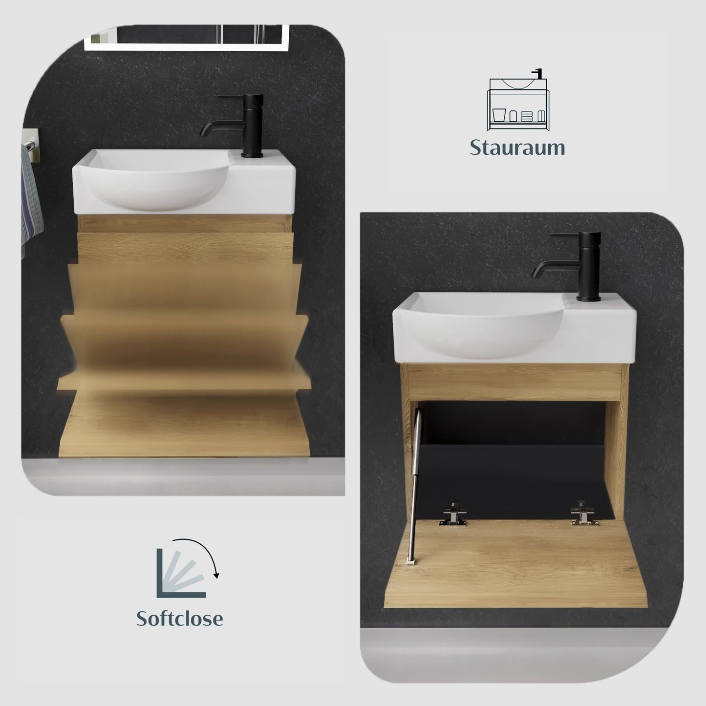 Alpenberger washbasin with cabinet | Guest WC sink small 45 cm wide | Countertop basin with washbasin cabinet | Bathroom hanging cabinet | Light oak washbasin cabinet