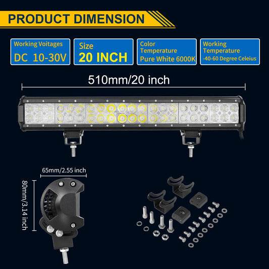 PICAA 20 inch 126W LED Lightbar Car 12V With Wiring Harness Led Light Bar Work Light 6000K White Waterproof for Offroad Truck 4WD 4x4 SUV Vehicle UTV ATV