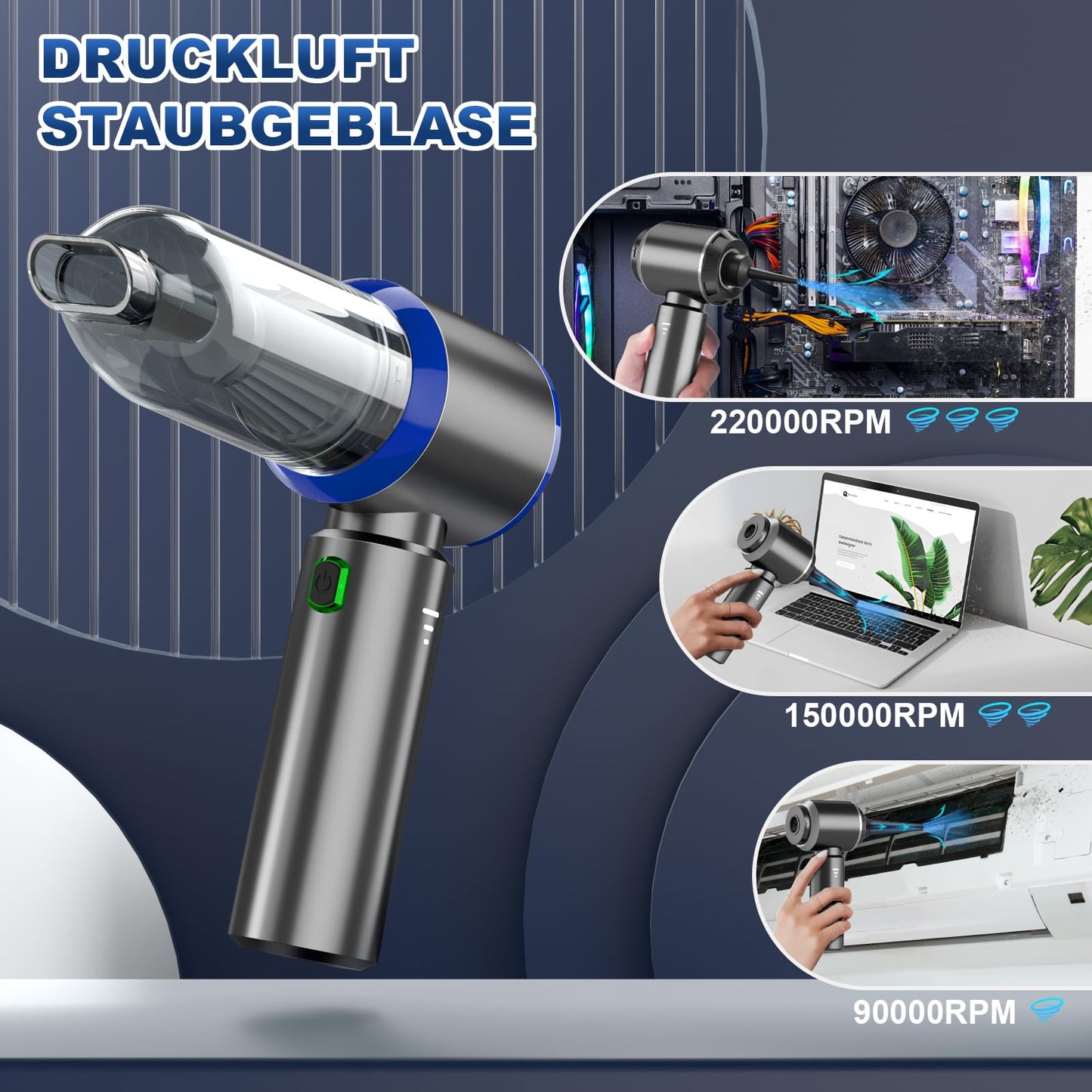 Handheld Cordless Vacuum, 3-in-1 Handheld Vacuum, 25000PA Strong Car Vacuum, 3-Speed 220000 RPM Handheld Vacuum, Cordless Mini Vacuum for Car, Kitchen, PC, Sofa, Office, Home & Pet Hair Cleaning.