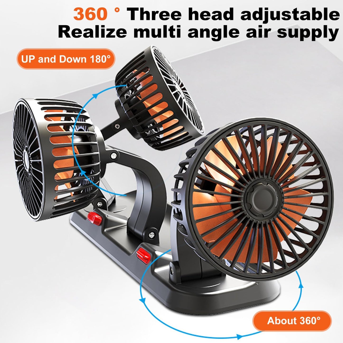 Shengruili Car Fan, 12V Three Heads Car Fan, 360° Rotatable Double Head Fan, Car Vehicle Fan, Car Fan, Car Fan for Backseat, RV, Trucks, SUVs
