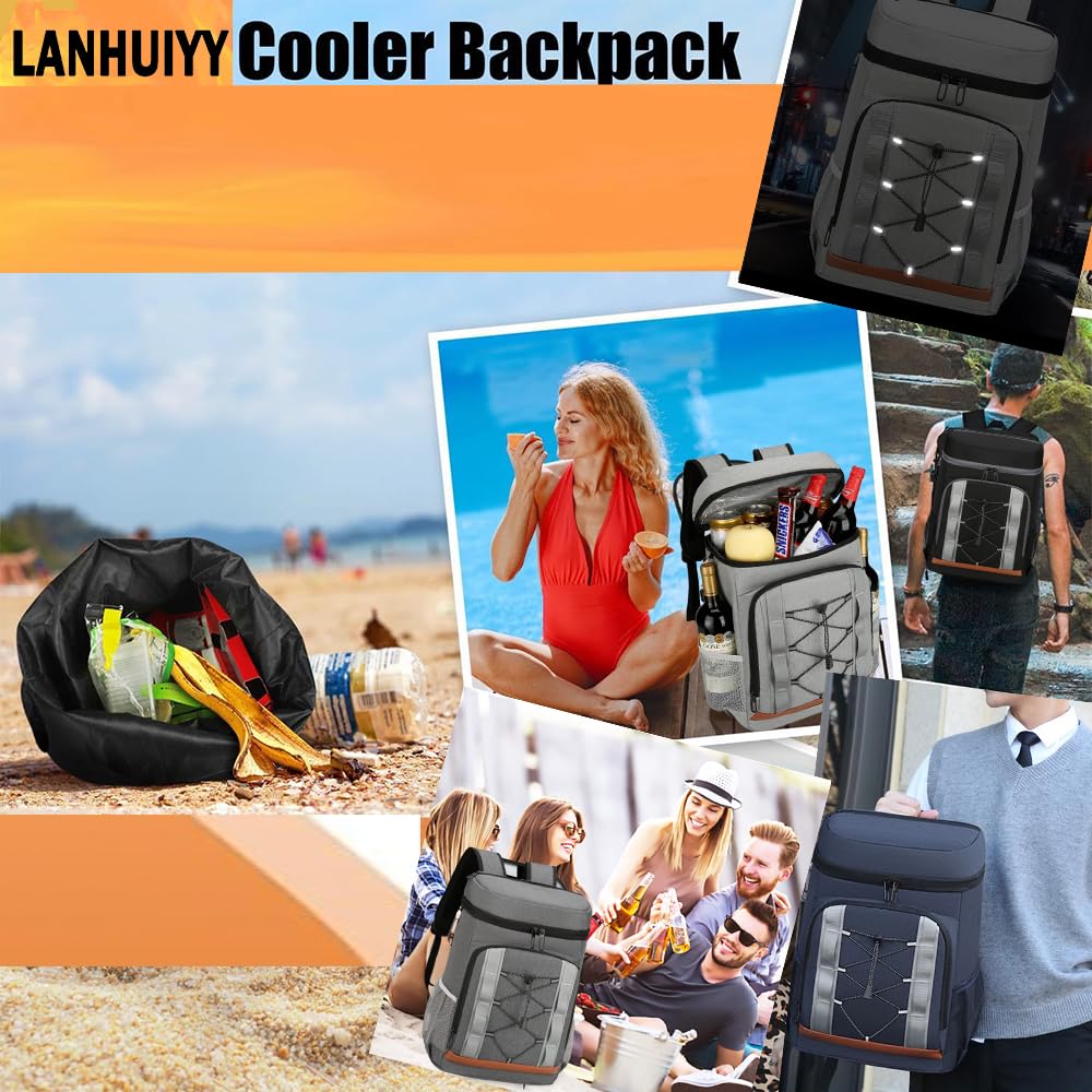 LANHUIYY Cool Backpack 30L Cooler Bag Backpack Thermal Backpack Picnic Backpack Cool Bag Large Insulated Cooler Bag Men Women for Picnics/BBQs/Camping/Outings/Shopping (gray, 30L)