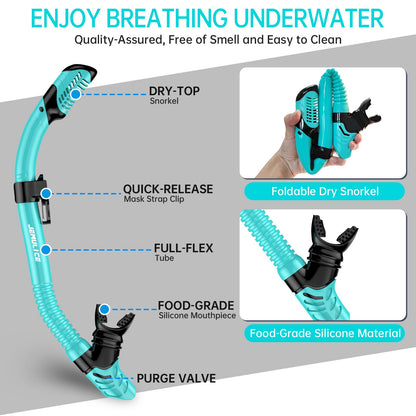 JEMULICE Adult Snorkel Set, with diving mask and dry snorkel for men and women, anti-leak & anti-fog tempered glass mask for diving, snorkeling, and swimming.