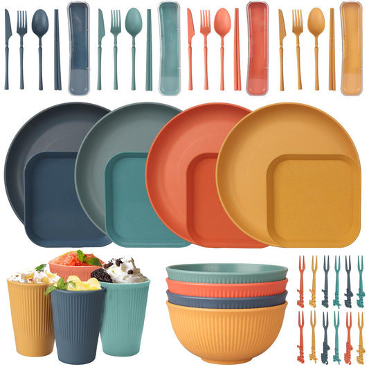 48 Piece Unbreakable Dinnerware Set, Reusable Camping Plasticware for 4 People Picnic Lightweight Colorful Grill Plastic Serving Plates Bowls Utensils