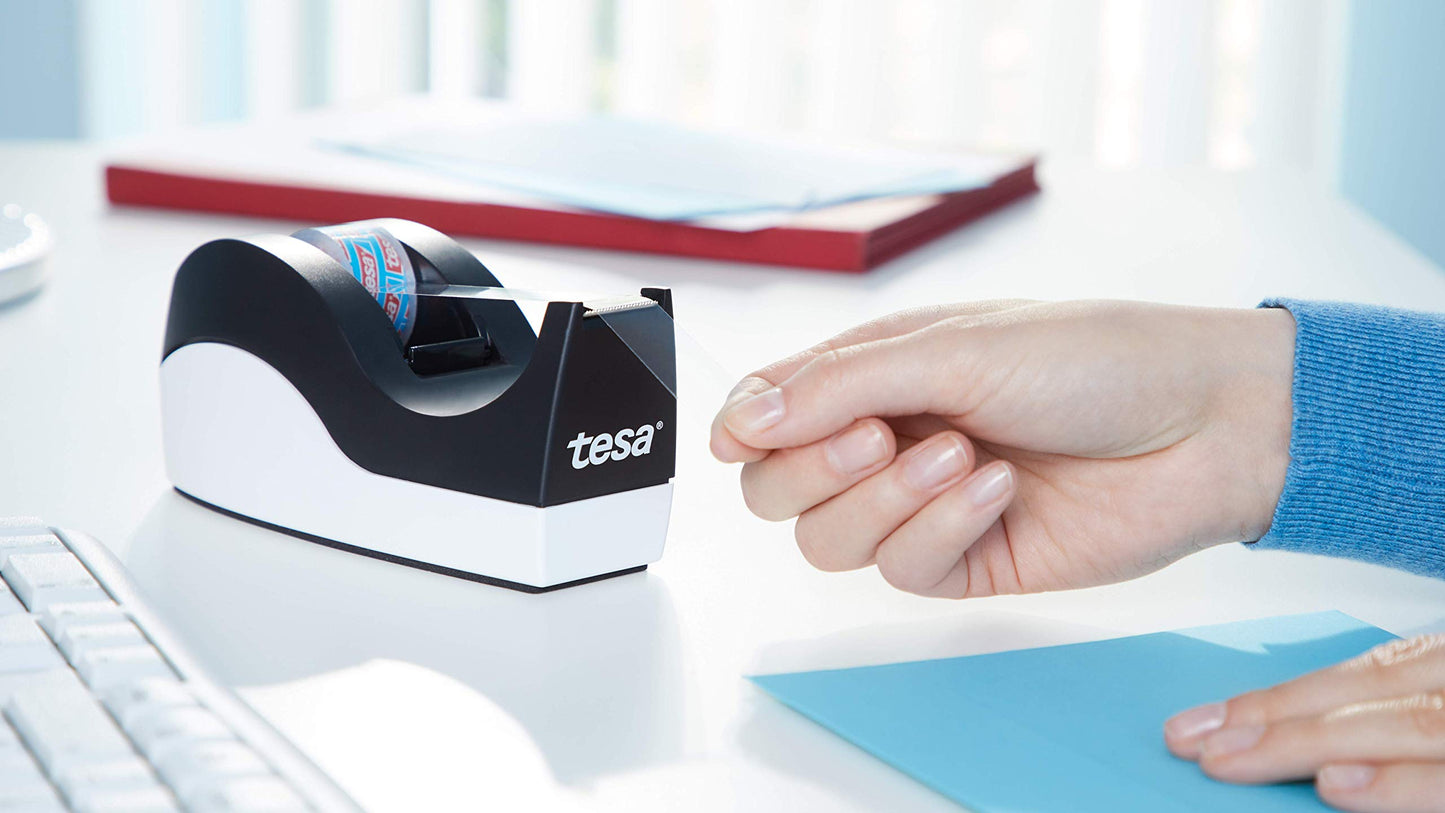 tesa Easy Cut Orca desk dispenser (non-slip, clean cut with 1 roll of tesafilm crystal-clear 10m:19mm) & Leitz NeXXt hole punch, 25 sheets, paper guide with measurements, Metal, Black