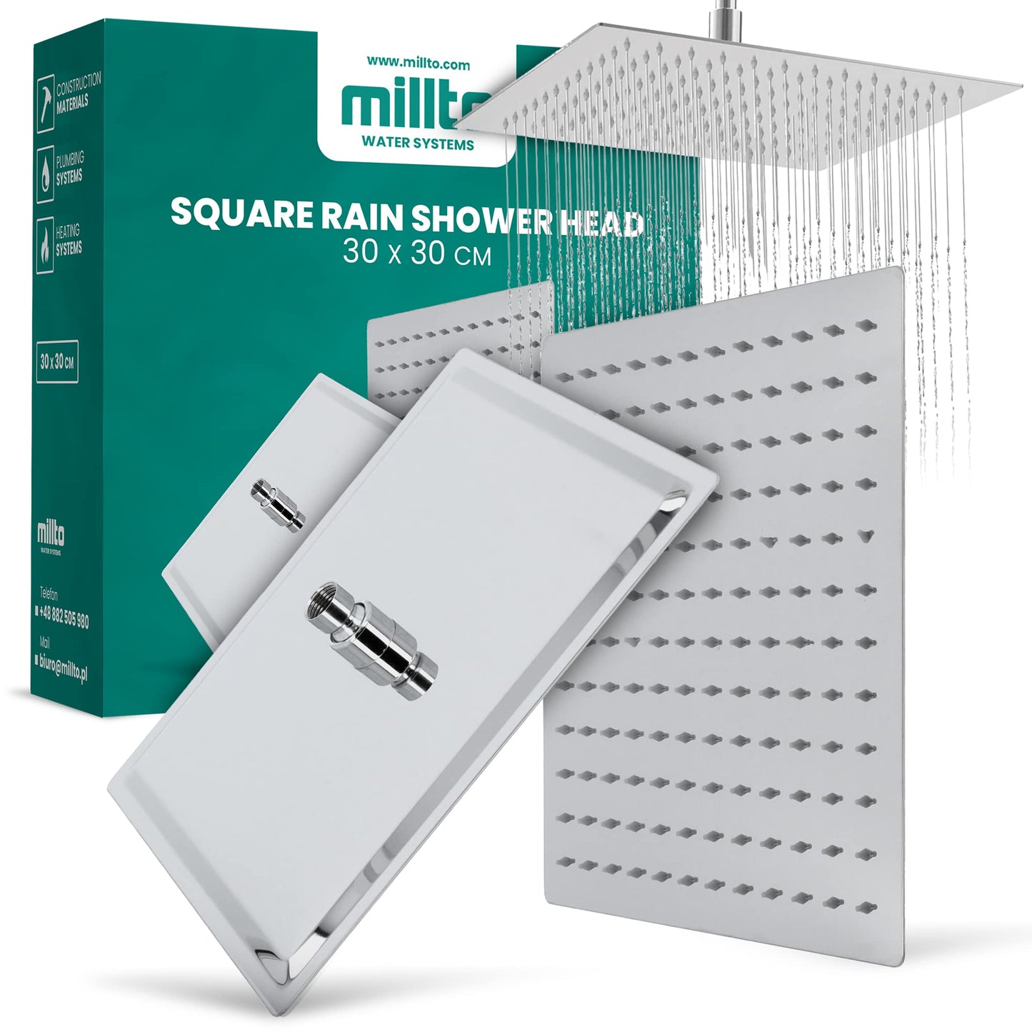 Millto™ Square Stainless Steel Shower Head Rain Shower 30x30 cm XXL | Rain Shower Head Large 12 Inch Shower Head Shower Fittings Anti-Limescale Square | Head Shower Chrome Ultra-Thin Water-Saving Shower Faucet