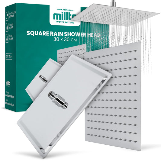 Millto™ Square Stainless Steel Shower Head Rain Shower 30x30 cm XXL | Rain Shower Head Large 12 Inch Shower Head Shower Fittings Anti-Limescale Square | Head Shower Chrome Ultra-Thin Water-Saving Shower Faucet