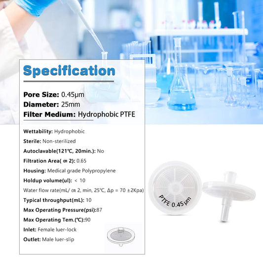 Allpure Biotechnology hydrophobic PTFE syringe filters,  25mm diameter, 0.45μm pore size for lab filtration, pack of 100.