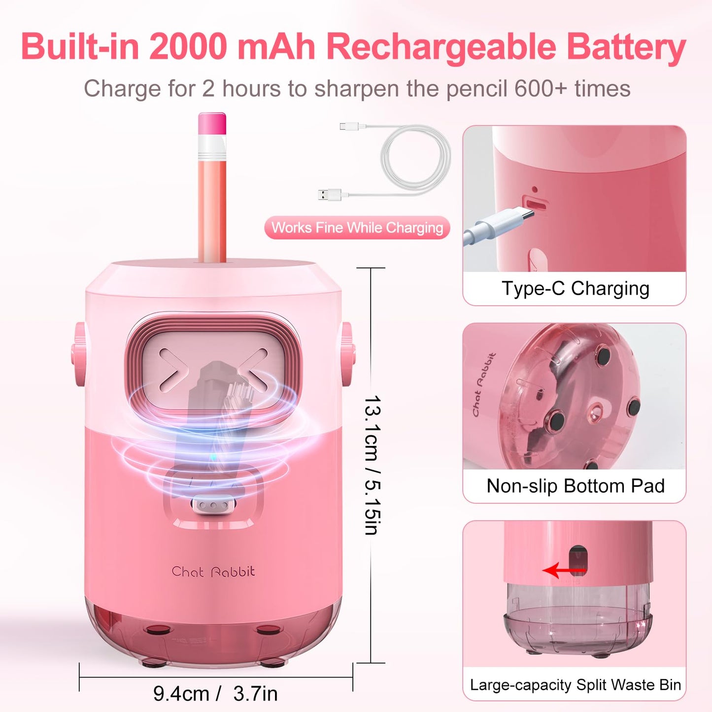 Comius Sharp Fully Automatic Electric Pencil Sharpener, Rechargeable Auto-Stop Sharpener for 6.5-8mm Pencils & Colored Pencils, Portable and Safe for Kids, Home, Office, School (Pink)