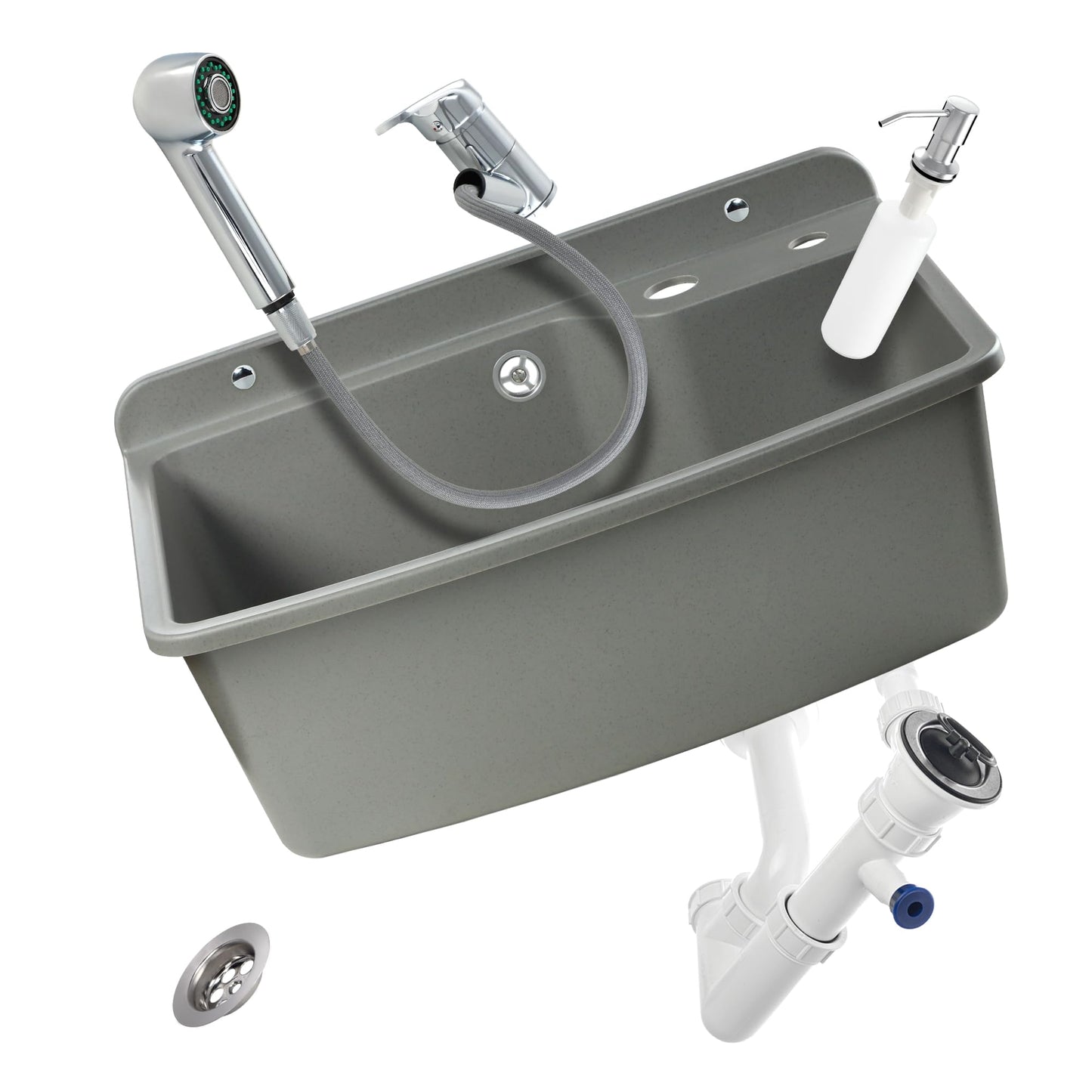 GOSPO drain basin with extendable faucet, sink 61 x 44 x 23.5 cm, washbasin with soap dispenser, siphon, sink including accessories, washroom, industrial washbasin (gray)