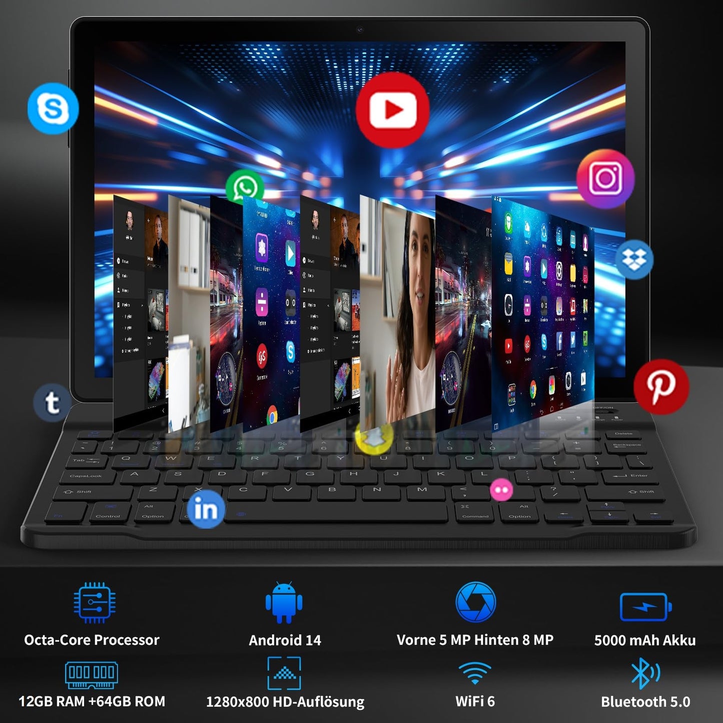 10-inch tablet 8-in-1 kit Android 14 tablet PC with case keyboard mouse stylus headphones charger cable Octa-Core 12GB RAM 64GB ROM 1TB TF expandable 1280x800 IPS touchscreen 5000mAh battery (Black)