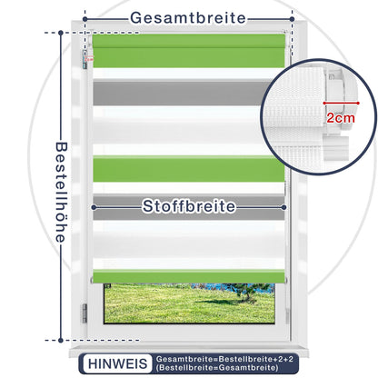 Zarnan Double Roller Blind Clamp Fix without drilling Green-grey-white 40x140cm (fabric width 36cm) Duo Roller Blind opaque Zebra Roller Blinds for windows without drilling for living room kitchen office translucent