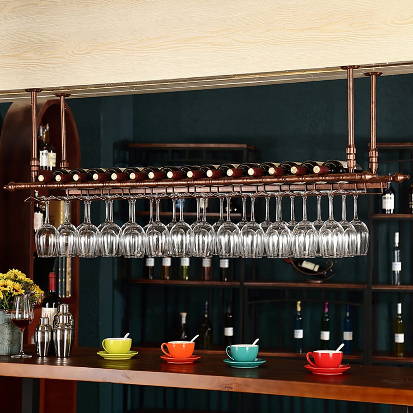 Ceiling wine rack, height and width adjustable hanging wine rack, inverted wine glass decoration shelf, free space on the desk, suitable for bar wine cellar kitchen (bronze, 120×30cm)