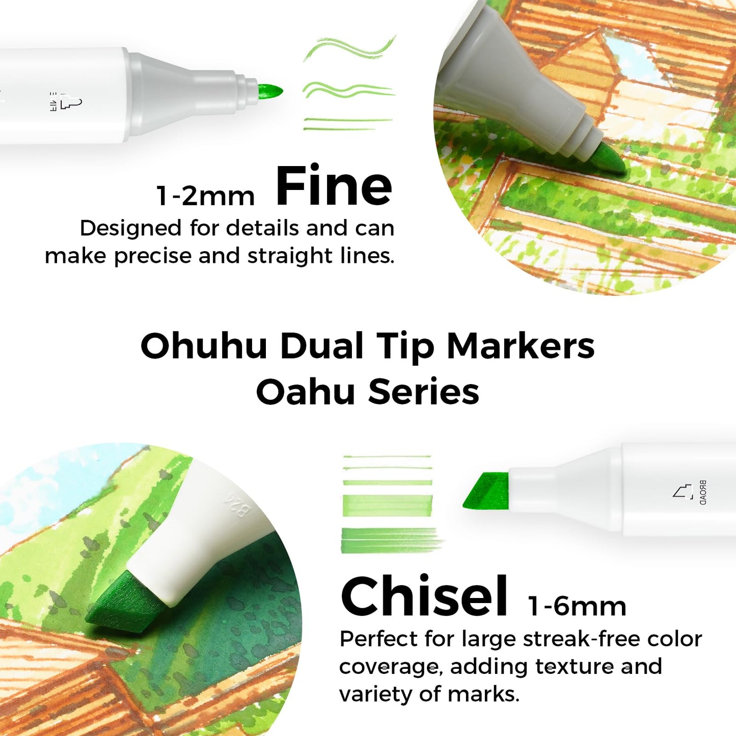 Ohuhu Marker Pen Set, Permanent Marker Set Chisel & Fine Double-Ended Art Sketch Twin Markers with Carry Bag for Painting, Coloring, Underlining, Ohuhu Series