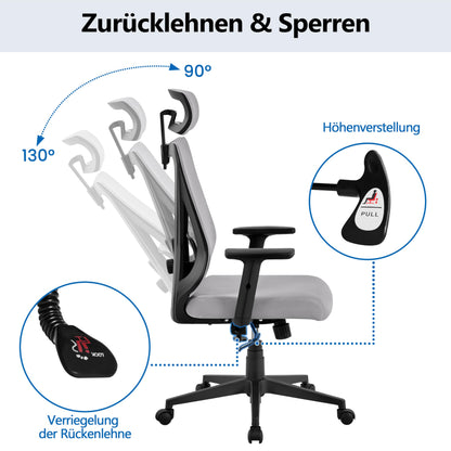 Yaheetech Office Chair Ergonomic, Desk Chair with Adjustable Headrest, Armrests, Lumbar Support, Lockable Height-adjustable Swivel Chair with 90°-130° Reclining Function Light Gray