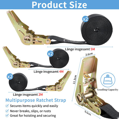 SVIPDDD Ratchet Tie Down Straps Set-6 Pieces 2M/4M/5M, webbing 25mm wide, load capacity up to 1000 kg, ratchet tie downs for motorcycle, bike, luggage & camping securement, tie down straps (Black)