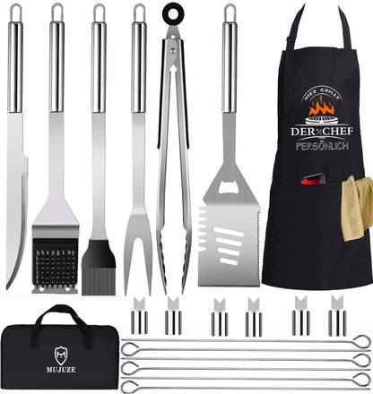 BBQ Grill Tool Set, Men's Grill Accessories Gift, Stainless Steel Grill Case Set of 20, Grill Accessories with tongs, spatula, and apron, Ideal BBQ Set for Outdoor and Camping.