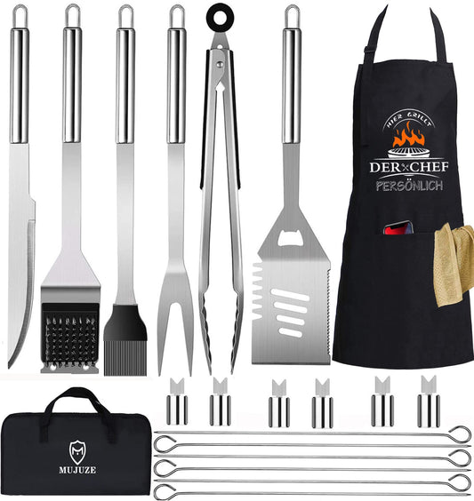 BBQ Grill Tool Set, Men's Grill Accessories Gift, Stainless Steel Grill Case Set of 20, Grill Accessories with tongs, spatula, and apron, Ideal BBQ Set for Outdoor and Camping.