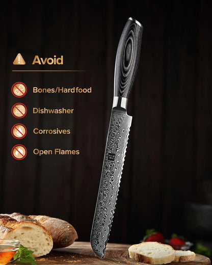 XINZUO 20cm Damascus steel bread knife - sharp and durable serrated blade professional kitchen knife - ergonomic Pakkawood handle with gift box - suitable for all types of bread and cake.