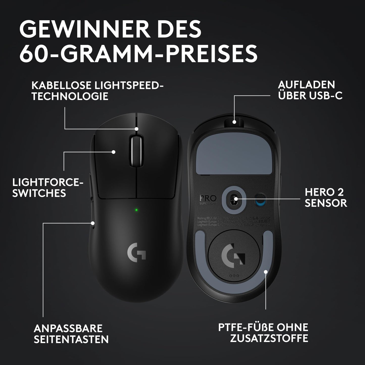 Logitech G PRO X SUPERLIGHT 2 wireless gaming mouse, Western Europe packaging, 60g pro-grade mouse with 5 programmable buttons, 44K DPI sensor, 8,000 Hz signal rate, USB-C charging for PC/Mac - Black