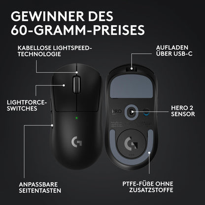 Logitech G PRO X SUPERLIGHT 2 wireless gaming mouse, Western Europe packaging, 60g pro-grade mouse with 5 programmable buttons, 44K DPI sensor, 8,000 Hz signal rate, USB-C charging for PC/Mac - Black